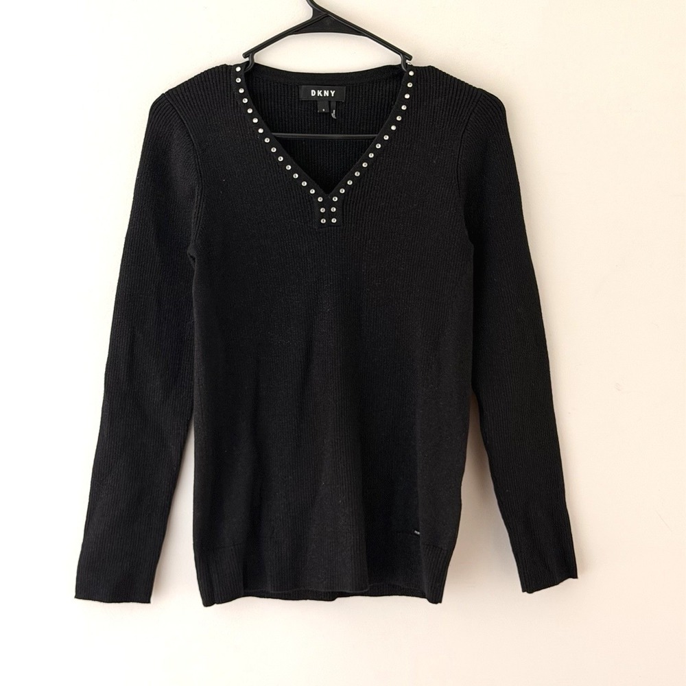DKNY Long Sleeve V-Neck Sweater S Black Ribbed‎ Glitter Ribbed Rhinestones Y2K